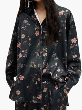 AllSaints Louisa Tanana Black Floral Print Satin Shirt Sz 12 $269